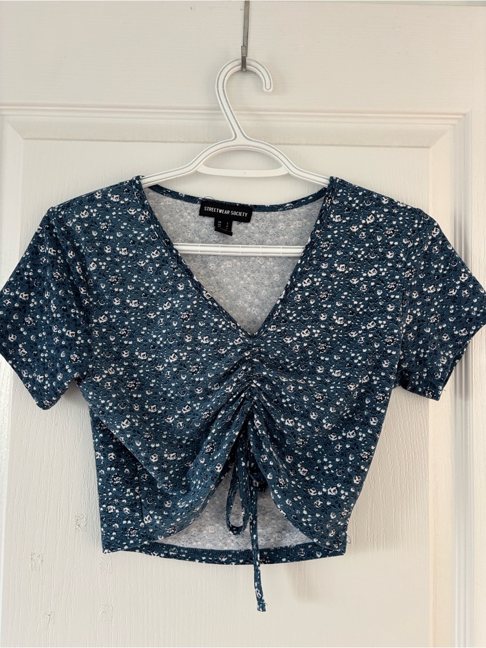 Streetwear Society Navy Blue Floral Drawstring V-Neck Crop Top